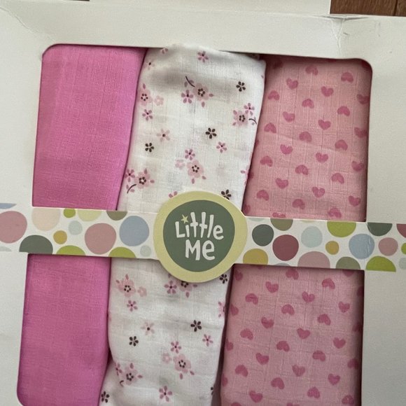 New Little Me Pink and White Infant Baby Girl Muslin Swaddle Blankets 3 pack - Picture 9 of 9